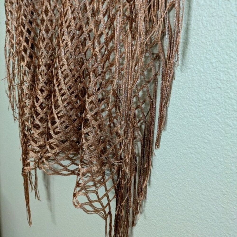 Handmade Boho Open Weave Copper Poncho With Fringed Hem & Shimmering Threads - Picture 5 of 6